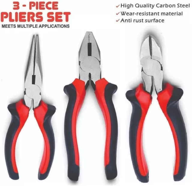 3 Pcs HEAVY DUTY 150mm 6" COMBINATION LONG NOSE SIDE CUTTER CUTTING PLIERS SET