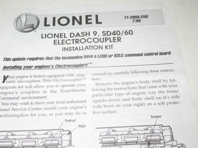 Lionel Dash 9, Sd40/60 Electrocoupler Installation  Instructions- - Good - M11