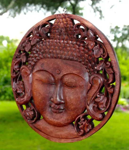 Buddha Wall sculpture Round Panel Plaque Hand Carved Wood Bali art Boho decor 2