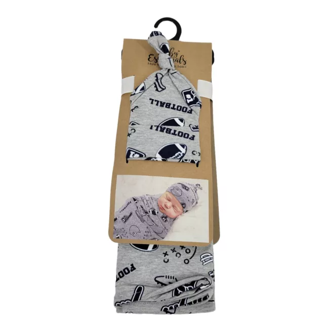 Baby Essentials Gray Football Print Swaddle and Hat Cotton Blend 35x40 Inches