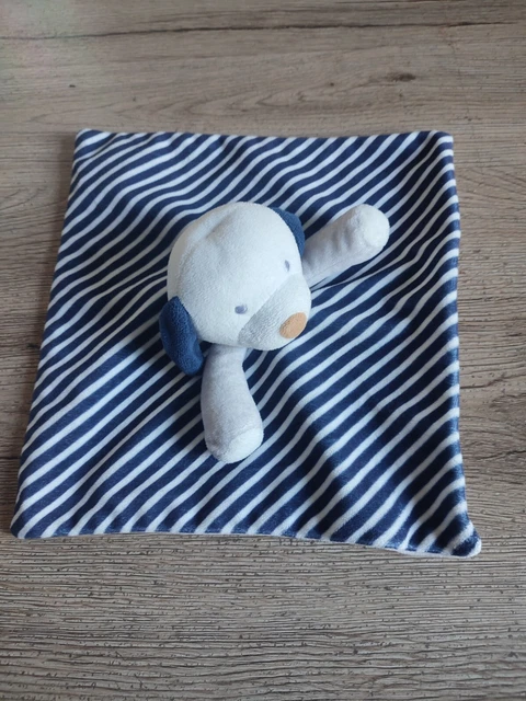 Doudou Plat Obaibi Chien Raye Bleu Blanc
