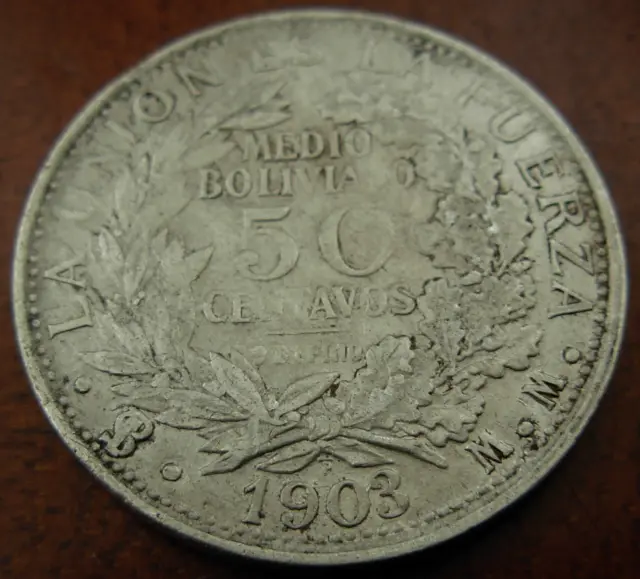 Bolivia 1903 PTS MM Silver 50 Centavos AU