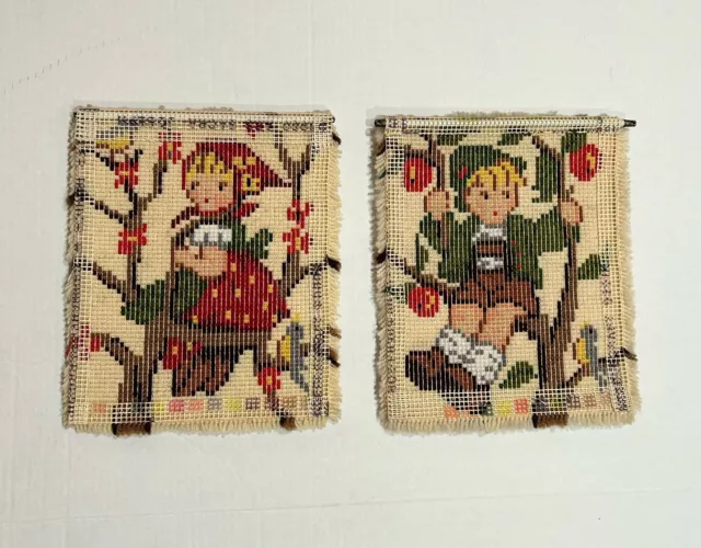 Paragon Hummel Apple Tree Boy & Girl Latch Hook Rugs Finished Wall Hangings Vtg 2