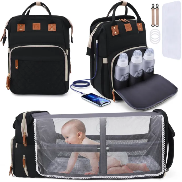 Multi-Function Baby Diaper Backpack Folding Bed Nappy Mummy Changing Bag Black