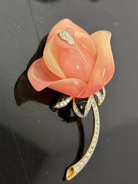 Kjl (Kenneth J Lane) Pretty Lucite & Rhinestone Rose Brooch