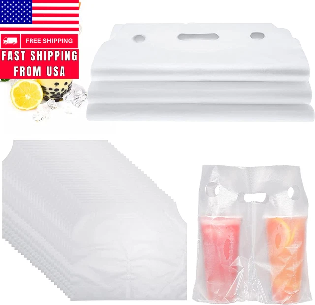 300 Counts Handle Drinking Poly Bags, 2 Cup Plastic Handle Drink Carriers 12 X 1