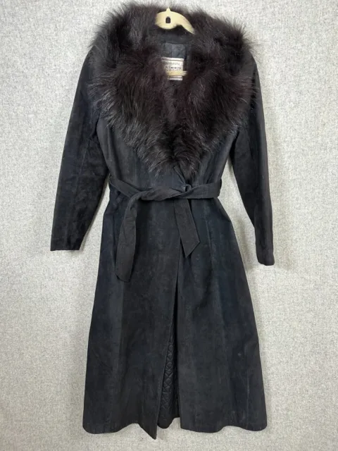 Vintage Saks Fifth Avenue Womens Leather Black Faux Fur Trim Coat Size 7 Belted