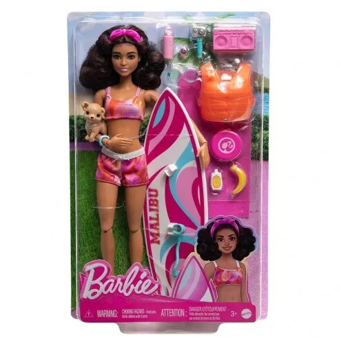 Mattel - Barbie Beach Surfer Brunette Doll / from Assort - Mattel HPL69 - (Spie