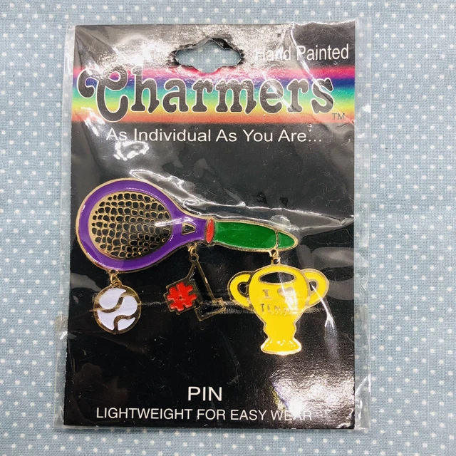 Hand Painted Charmers I Heart Tennis Lapel Pin Brooch w/ Racquet & Charms