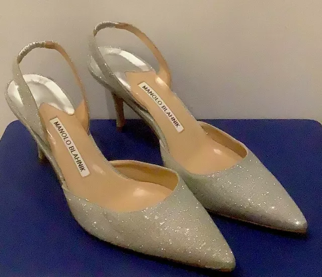 Manolo Blahnik Carolyne Silver Glitter shoes Size 38.5