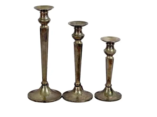 3 vtg  Pottery Barn Antiqued Silver Metal Taper Candlesticks Candle Holder