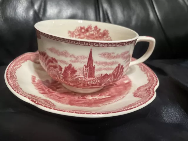 Johnson Brothers OLD BRITAIN CASTLES PINK footed cup & saucer Crown backstamp