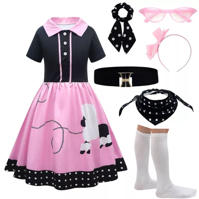 Kids Girls Outfits 50s Poodle Dress Costume Cosplay Carnival 7Pcs Shirt Collar