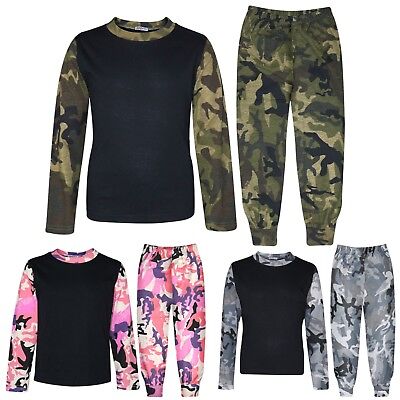 Kids Boys Girls Pjs Contrast Camouflage Plain Stylish Pyjamas Set 2-13 Years