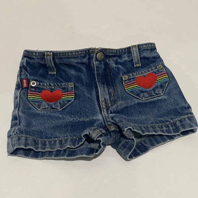 Vintage BONGO Girls Size 2T  90's Jean Denim Embroidered Rainbow Heart Shorts