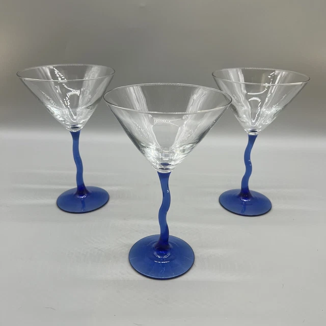 LIBBEY COBALT BLUE Crooked Bent Stem Courbe Martini Cocktail Glasses