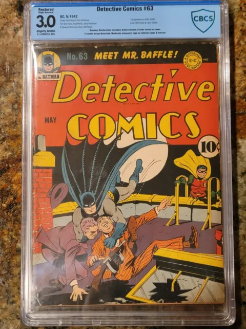 1942 D.C. Comics Detective Comics 63 CGC CBCS 3.0. Early Batman Cover. Rare Book