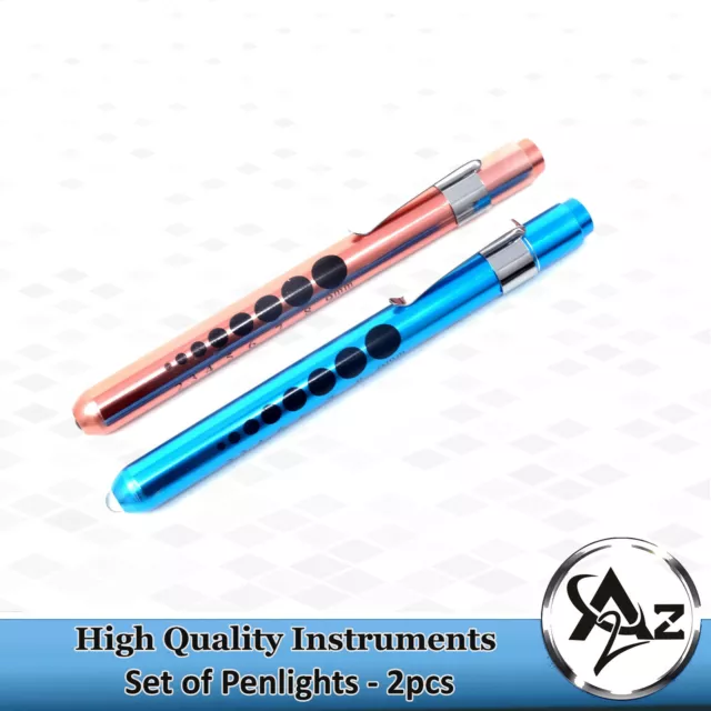 2 Pc Ferozi Rose Gold Aluminum Penlight Pocket Medical LED Pupil Gauge Reusable