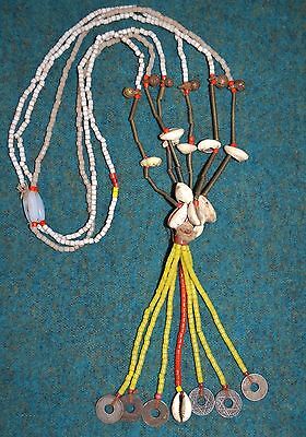 Antique Fulani Tribal Necklace W Brass Bells, Glass Beads & Cowrie Shells