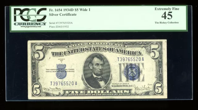 DBR 1934-D $5 Silver Fr. 1654Wi Wide I TA Block PCGS 45 Serial T39765520A