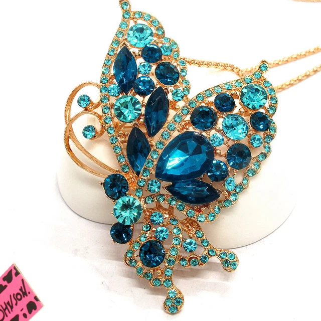 New Betsey Johnson Blue Bling Rhinestone Bling Butterfly Pendant Chain Necklace