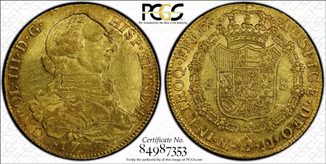 G016 COLOMBIA. rare over date 1777/6-JJ 8 Escudos. PCGS AU55