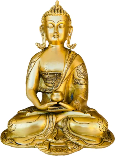 Buddha Meditation Brass Statue Antique 11 Inch Dhyana Mudra Meditation Buddha