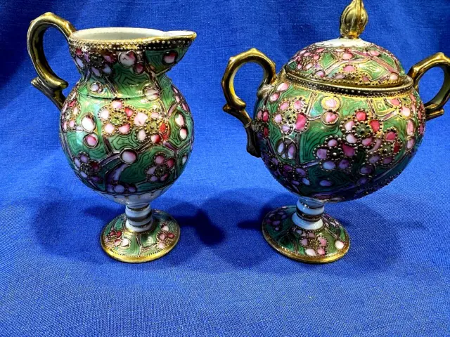 Antique Nippon Hand Painted Porcelain Gold Moriage Footed Cream & Sugar Bowl Set