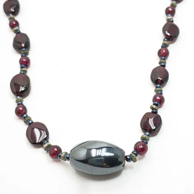Boho Red Garnet Gray Hematite Necklace Semi Precious Gemstone Bead Choker 16 in