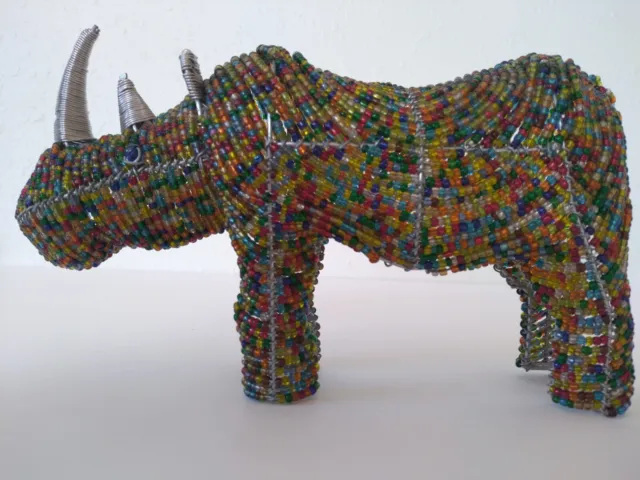 Handmade Beaded Rhinoceros Figurine Colorful Wild/Nature Art Home Decor Gift