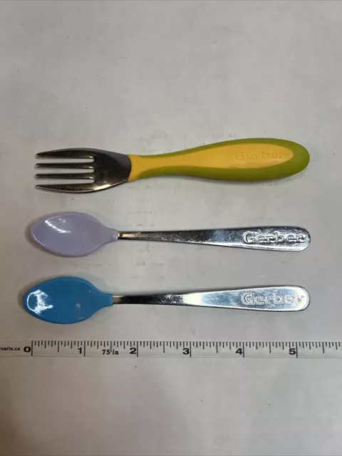 2 Vintage GERBER Baby Spoons Soft Bite Tip USA Stainless Steel Purple and Green