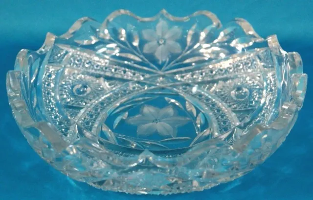 Vintage American Brilliant Crystal Hand Cut Floral Glass Bowl 9"