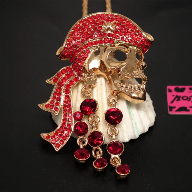 New Red Rhinestone Pirate Skull Crystal Pendant Betsey Johnson Chain Necklace
