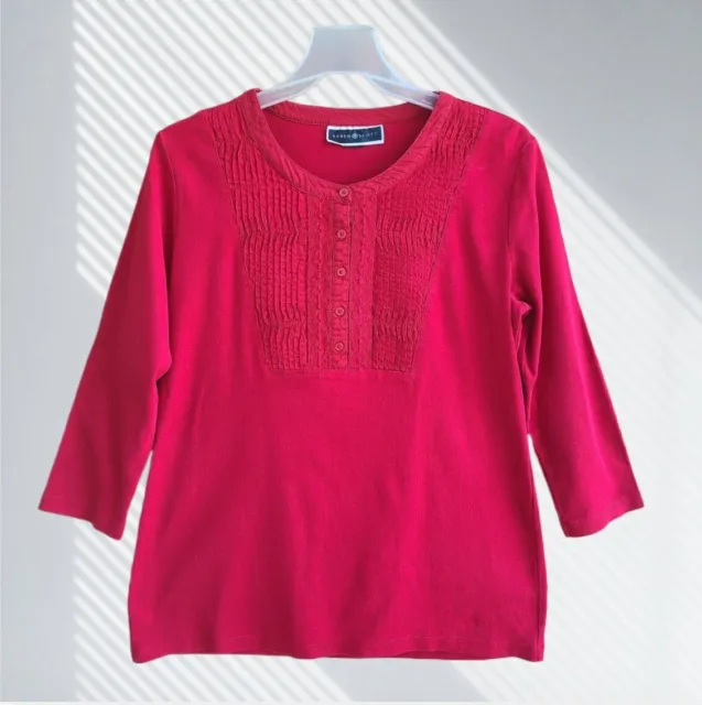 Karen Scott Womens Size M Red Top Blouse Popover 3/4 Sleeves Crochet Trim
