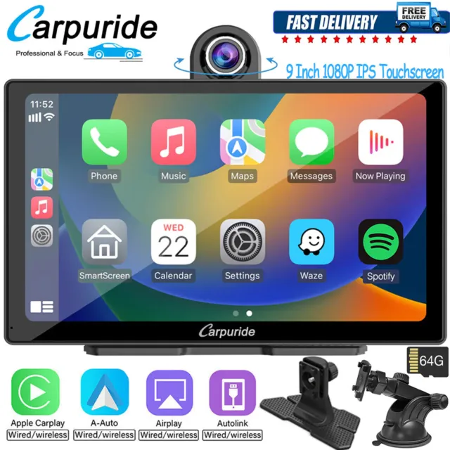 Carpuride 9Inch Dual Bluetooth Car Stereo Wireless Carplay Android Auto Dash Cam