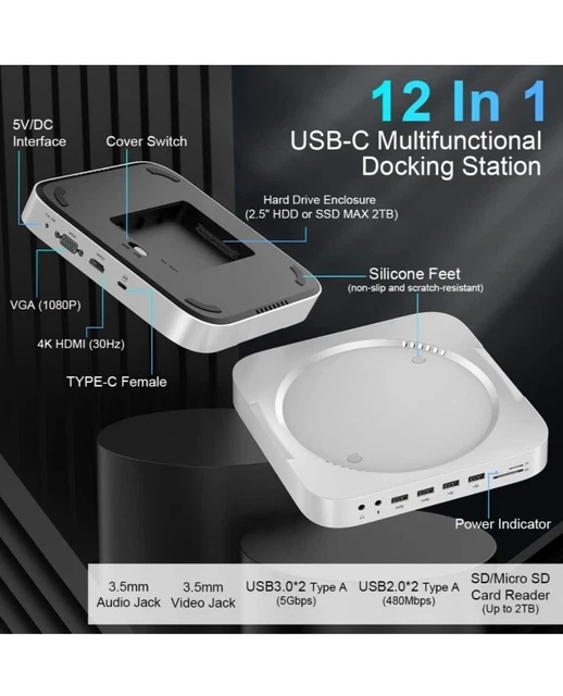 12 in 1 Mac Mini Dock with Hard Drive Enclosure (HDMI+VGA) , Type-C Stand & Hub