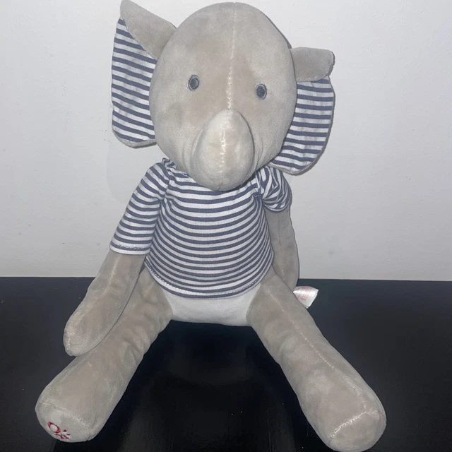 Ca4  Doudou Peluche Obaibi Éléphant Gris Blanc Bleu Rayé Neuf 30 Cm