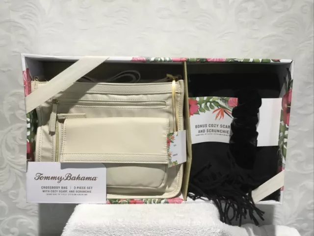 Tommy Bahama  3pc Set Cream Crossbody Bag W/BlackCozy Scarf & Scrunchie,  New