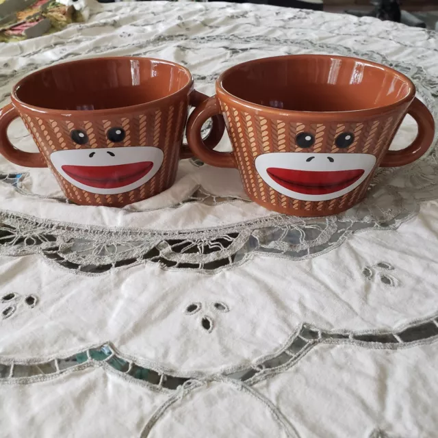 Pair 2 Sock Monkey Double Handle Double Sided Coffee Cups Soup Bowl Mugs