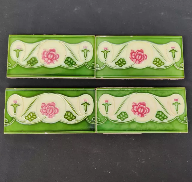 1940s Vintage Architecture Furniture Tile 4 Pc Floral Majolica Art Nouveau Japan