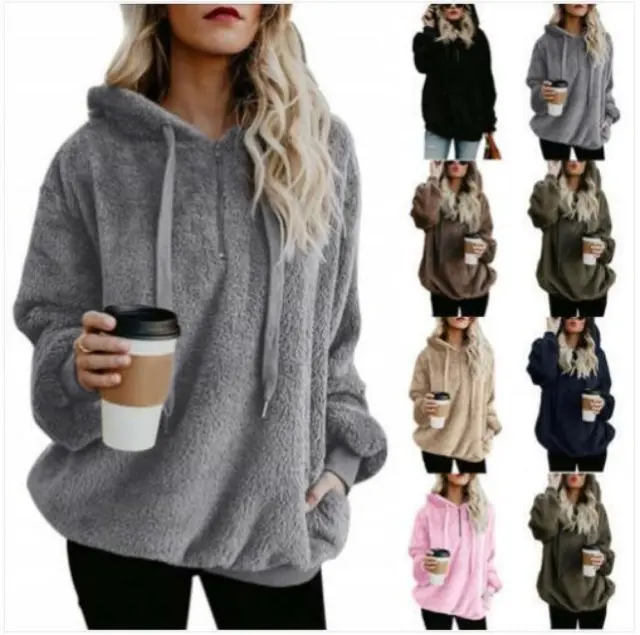 Womens Warm Teddy Bear Fleece Hoodie Ladies Jumper Hooded Pullover Sweatshirt UK