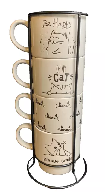 Signature Housewares Happy Cat Mug Tower 4 Cups With Cup Rack