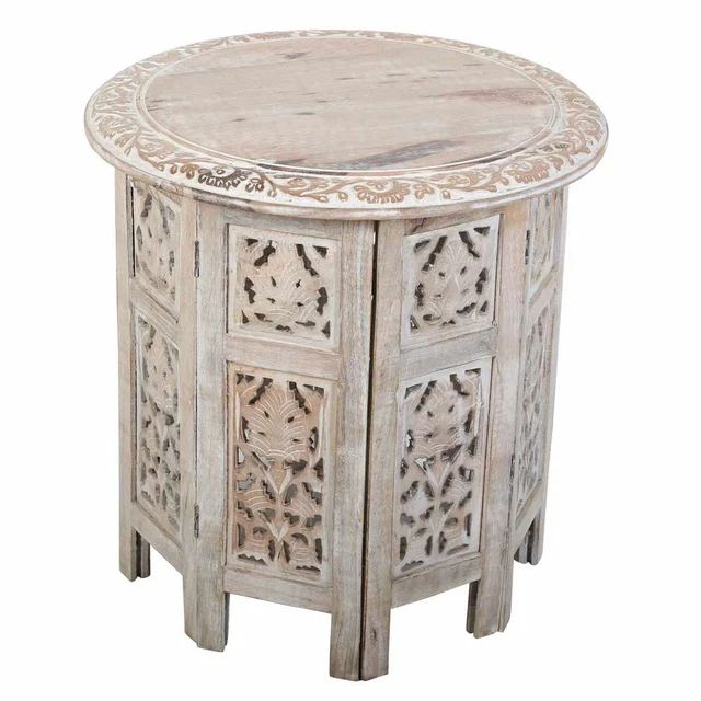 Oriental Mesa Auxiliar Nassiba Blanco Redondo Madera Mesita Baja Boho Mesa Sofá