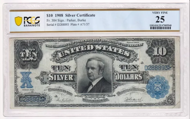 1908 $10 Tombstone Silver Certificate. Fr. 304. PCGS VF 25.  Y00010571