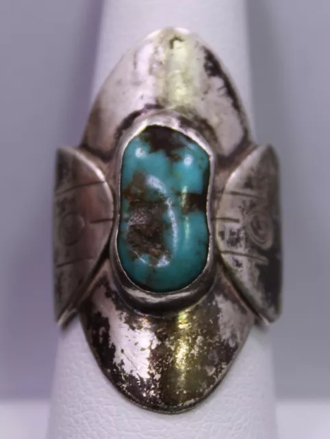 SIZE 8.75 ~ Vintage Sterling Silver & Turquoise Southwestern Stampwork Wide Ring