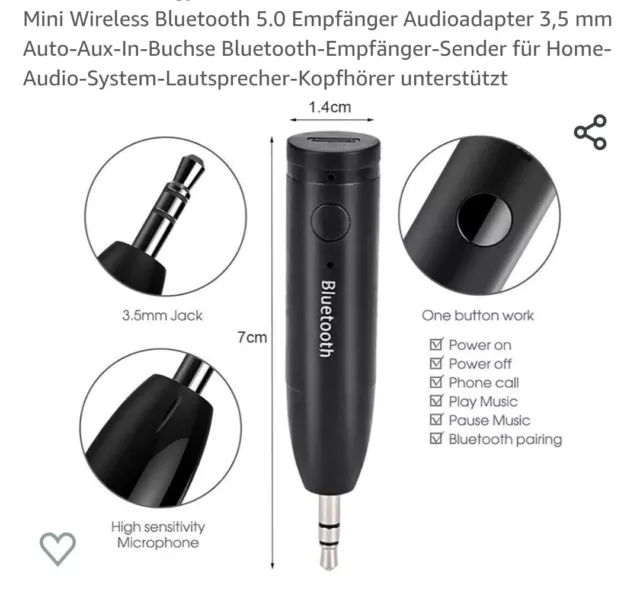 Mini Wireless Bluetooth 5.0 Empfänger Audioadapter 3,5 mm Auto-Aux-In-Buchse...