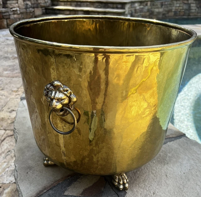 Large Hollywood Regency Solid Brass Lion Head Claw Foot Brass Planter Hammer 14”