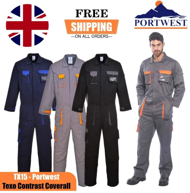 Portwest Texo Contrast Work Coverall Overall Knee Pad Pockets Boiler Suit TX15