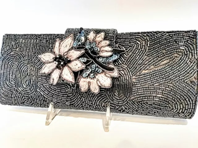 VTG Hand beaded Evening Bag Clutch HEMETITE w/ Embroidered Applique Fully Beaded