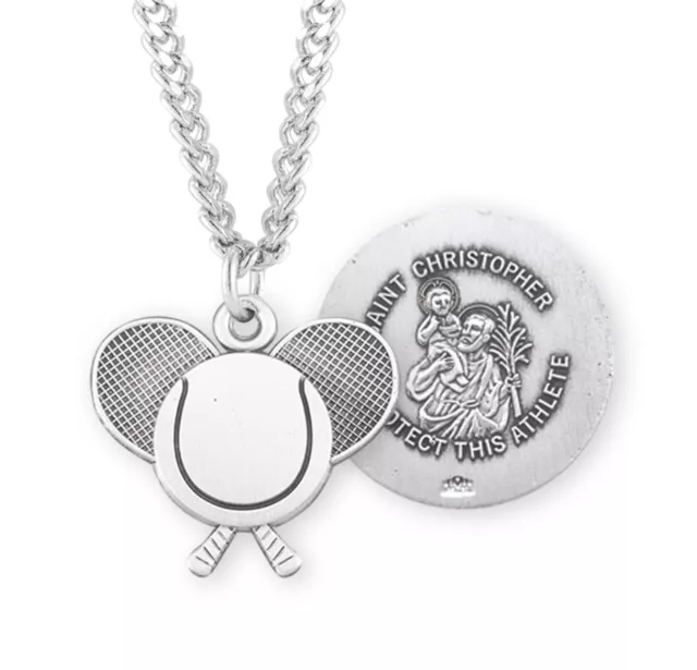 Saint Christopher Sterling Silver Tennis Athlete Medal Pendant Necklace